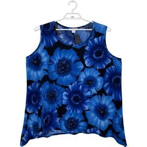 ONLY‎ 9 Blue Black Floral Print Asymmetrical Tank Top Liquid Slinky Knit Sz 4X